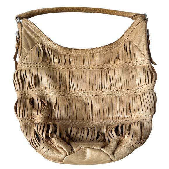 Liebeskind Berlin Hobo Bag Beige Tan Leather Fringe Shoulder Purse 13.5"x13.5x6" - Picture 10 of 11